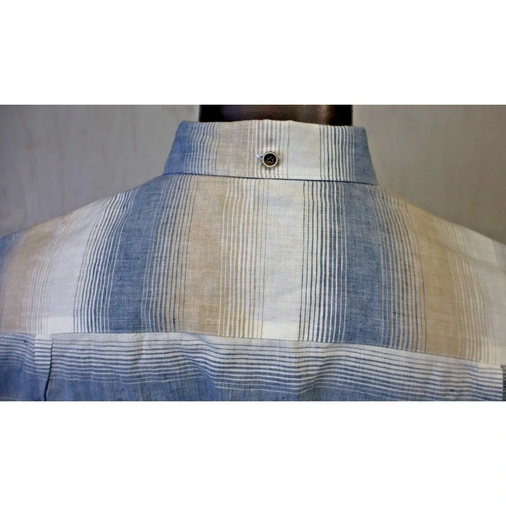 32 Bar Blue Linen Blend Shirt Long Sleeve Button Front Size XL Blue White Brown